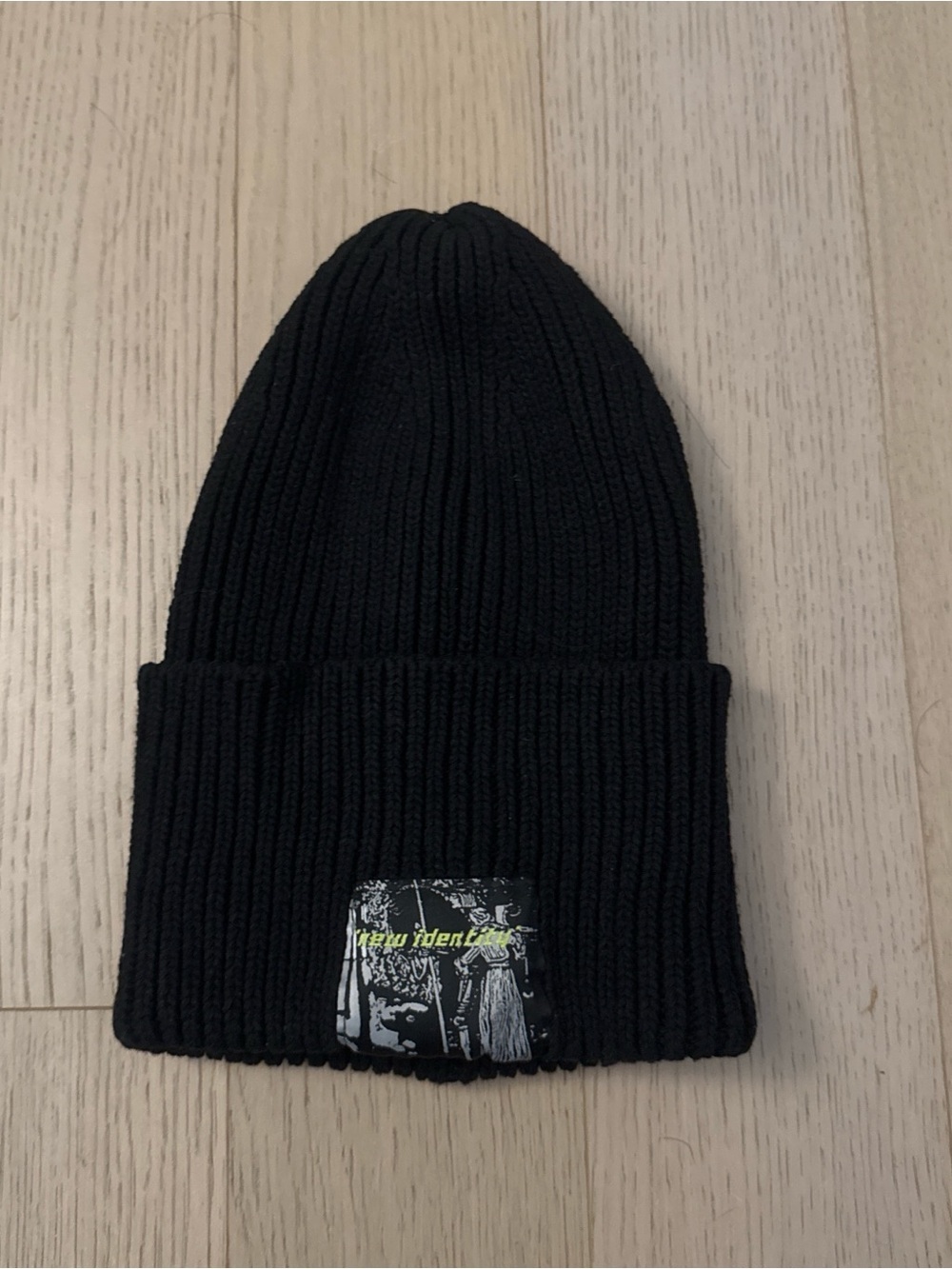 Black Ribbed Knit Beanie with Graphic Patch